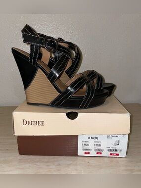 Decree Black and Tan Strappy Wedges